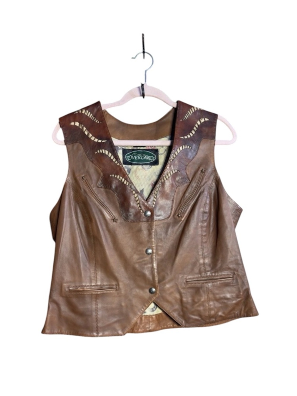 OVERLAND Womens Brown Genuine Leather Western Cowboy Vest With Laser Cut Detail‎